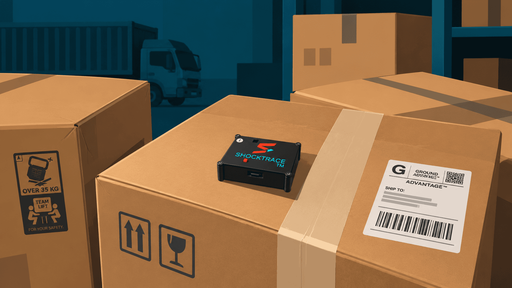 ShockTrace device shown secured to packaged cargo